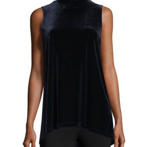 Tahari Women’s M Murray Sleeveless Velvet Blue Top Mock turtleneck High Low New - Picture 2 of 13
